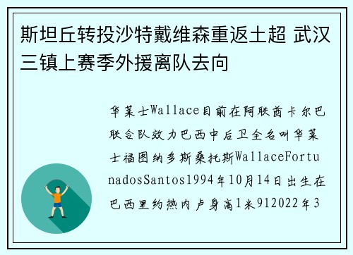斯坦丘转投沙特戴维森重返土超 武汉三镇上赛季外援离队去向