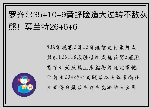 罗齐尔35+10+9黄蜂险造大逆转不敌灰熊！莫兰特26+6+6